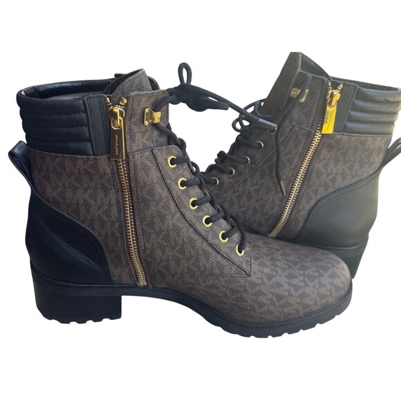 Michael Kors Alistair Combat Moto Boot Womens Size 11 Lace Up Logo Brown Black - Picture 5 of 7